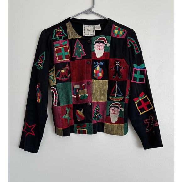 Michael Simon Sweaters - Black Red Vintage Michael Simon Christmas Patchwork Cardigan S